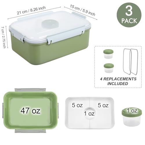 Shopwithgreen Set of 3 Salad Food Storage Container To Go, School & Travel,Food Prep Storage Containers with Lids (Khaki Green&Khaki Green&Khaki Green) | Food Storage Meal Prep Containers with Tray/Dressing Containers for Salad, Snacks,Fruit, BPA Free, Mi