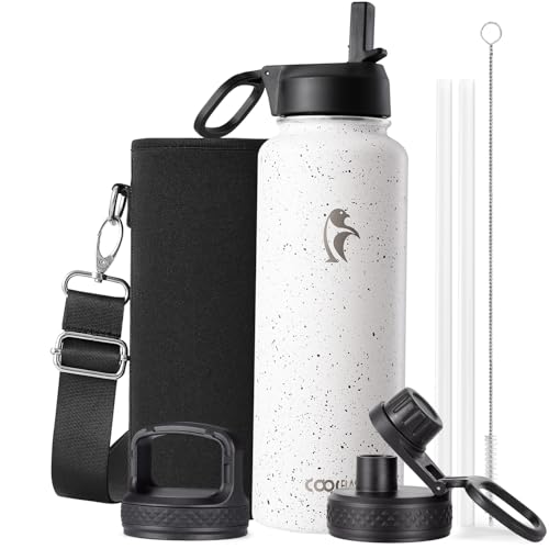 Coolflask Water Bottle 40 oz Insulated with Straw, Stainless Steel Metal 3 Lids Water Flask for Sports or Office, Keep Cold 48H Hot 24H, Arctic White - color: Arctic White, size: 40 Ounces