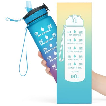32 oz Motivational Water Bottle with Time Markers & Straw – BPA Free Leakproof Reusable Sports Water Bottle for Gym, Fitness & Outdoor Activities – Large Daily Hydration Bottle, Pink Blue