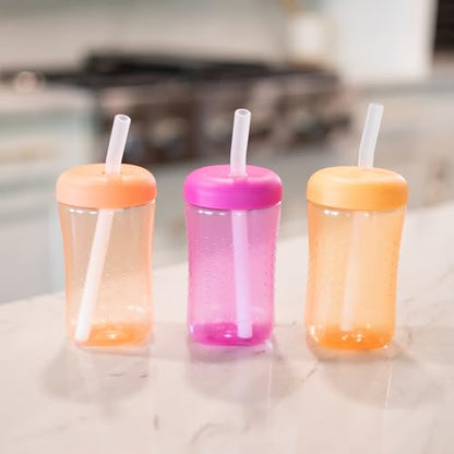 The First Years Squeeze & Sip Toddler Straw Cups - Squeezable Transition Sippy Cup with Silicone Straw - Toddler Feeding Supplies - Yellow/Pink/Orange - 7 Oz - 3 Count - Ages 6 Months and Up - color: Yellow/Pink/Orange