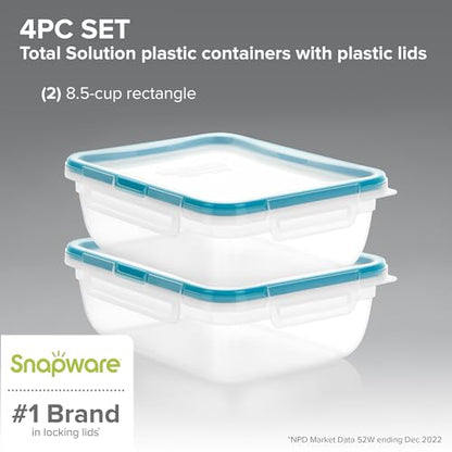 Snapware Plastic Total Solution 2-Pack (8.5-Cup) Food Storage Containers Set, Leakproof & Airtight Plastic Locking Lids Rectangular Tupperware, BPA-Free Lids, Microwave Dishwasher Freezer Safe - size: 2 Pack, style: 8.5 Cup