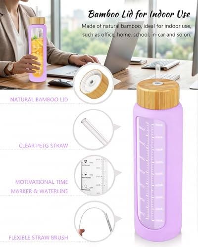 Nefeeko 32 oz Glass Water Bottles with Straw, Motivational Glass Water Bottle with Time Marker, 1 Liter BPA FREE Leakproof Reusable Glass Water Bottle with Silicone Sleeve, Bamboo Lid, Spout Lid - color: Purple