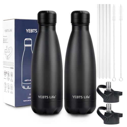 Insulated Water Bottle,2 Pack-9oz Stainless Steel Water Bottles with straw lid,Metal Sports Thermos Water Bottles for Boys,Girls,Double Wall Vacuum BPA-Free Flask for School, Sports & Travel-Black - color: Black/2 pack, size: 9 Ounces