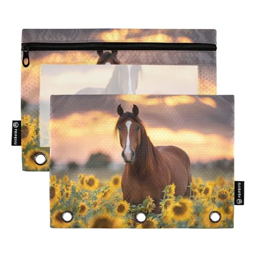 Binder Pouches,Red Horse Sunflowers Field Pencil Pouch for 3 Ring Binder 2 Pack Clear Pencil Bag with Zipper for Office School Supplies - color: Multicolored 12