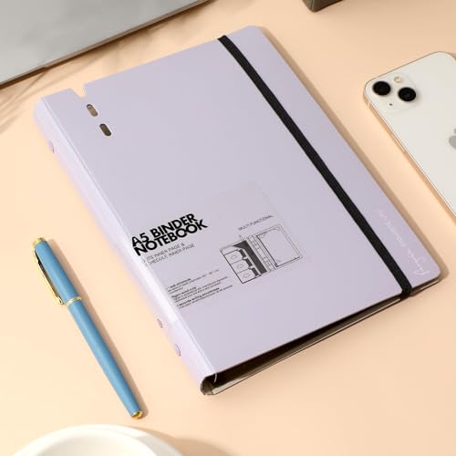 CAGIE A5 Binder 6 Ring Notebook with Dividers Refillable Planner Binder with Pockets, Refill Paper Include Planning Square Ruled and Dotted Pages, 6.89 x 9.25 In, (Purple, A5 Daily&Dot Page) - color: Purple