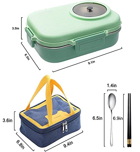 3 Compartments Bento Lunch box with Soup Bowl, Insulated Lunch Bag and Portable Utensils, Stainless Steel Camera Lunch Containers，Leak Proof Bento Box for Kids Adults Men Women… - color: 900ml-Green