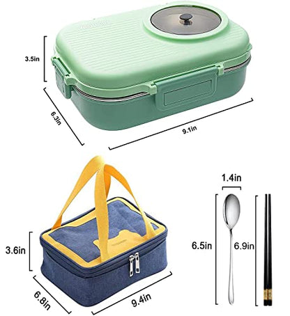3 Compartments Bento Lunch box with Soup Bowl, Insulated Lunch Bag and Portable Utensils, Stainless Steel Camera Lunch Containers，Leak Proof Bento Box for Kids Adults Men Women… - color: 900ml-Green