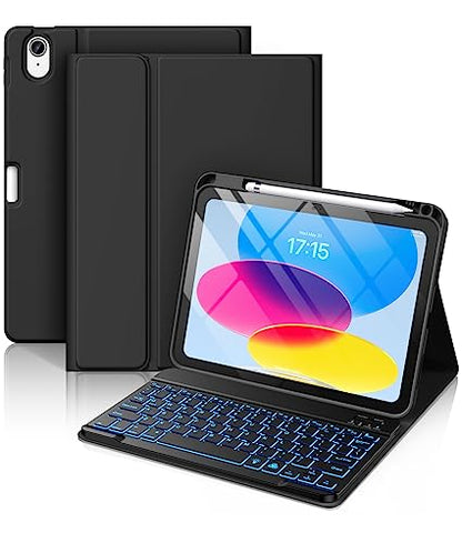 Hamile for iPad 11th 10th Generation Case with Keyboard - 7 Colors Backlit Wireless Detachable Folio Keyboard Cover with Pencil Holder for iPad 11-inch A16 2025 10th Gen 10.9 Inch 2022 (Black) - color: Black