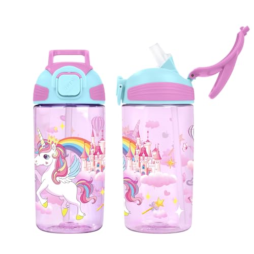 Kids Water Bottle with Straw BPA Free Kids Plastic Bottle for School Travel - color: Unicorn, size: 18.6 Ounces