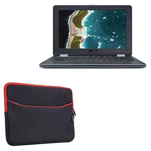BoxWave Case Compatible with ASUS Chromebook Flip C214MA (11.6 in) - SoftSuit with Pocket, Soft Pouch Neoprene Cover Sleeve Zipper Pocket - Jet Black with Red Trim