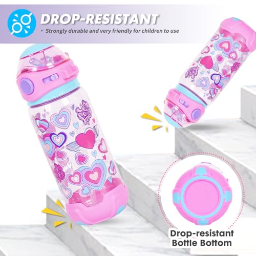 Kids Water Bottle with Straw/Lanyard for School Kids Girls Boys, 22oz BPA Free Child Drinking Water Bottle One-Click-Open Leak-Proof Locking Flip Lid for School Sport Travel - color: H08. Heart
