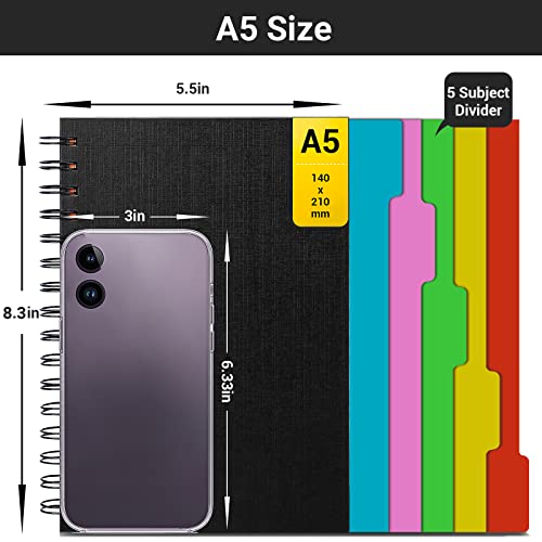 EUSOAR Hardcover Spiral Notebook, 6 Pack A5 5.5"x 8.3", 5 Subject Notebook, 120 Sheets/ 240 Pages, Premium Thick 100gsm, Large Journal Notebooks with Dividers for School Office Note Taking Gift - color: Black, size: A5-6Pack