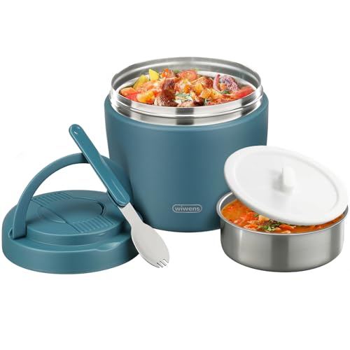 wiwens Thermo Food Jar for Hot Food Adults 32OZ Soup Thermo Lunch Containers Wide Mouth Vacuum Insulated Stainless Steel Leakproof Bento Box with Spoon (lake blue) - color: Lake Blue