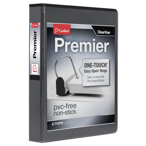 Cardinal 3 Ring Binder, 1.5 Inch Premier Easy Open Binder, ONE-TOUCH Locking Slant-D Rings, 400-Sheet Capacity, ClearVue Cover, PVC-Free, Black (10311) - size: 1.5-Inch