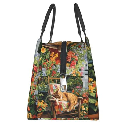 Sleeping Ginger Cat Lunch Box for Women Girls Adults Insulated Blooming Flowers and Kitten Rustic Lunch Bag for Work Picnic Camping Travel Gifts Large Capacity Cooler Thermal Reusable Tote Makeup Bags - color: Cat56