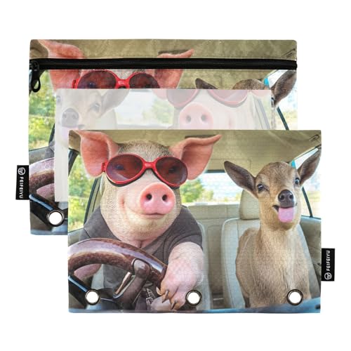 Gredecor Binder Pencil Pouch 3 Ring Pig Goat Driving Car Zipper Pencil Pouches Case 2 Pack Clear Binder Organizer for School Office - color: Pig Goat Driving