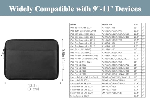 TiMOVO 9-11" Tablet Sleeve with Pocket for iPad A16 Tab, Black | Protective Sleeve with Front Pocket, Fits iPad 11" A16 2025, 10th Gen 10.9", 10.2", Air 11/5th/4th Gen, Tab A9+ 11" - color: Black