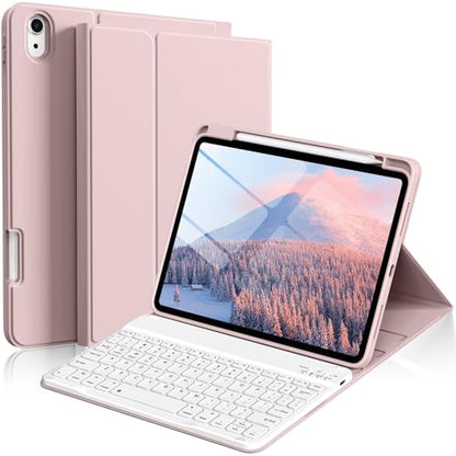 kenke for iPad 11/10th Gen Case with Keyboard 11/10.9 inch 2025 A16/2022, Detachable Wireless Bluetooth Keyboard Case with Bulit-in Pencil Holder, White Square Keycaps (Pink) - color: Pink