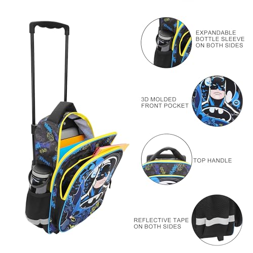 Bioworld Batman Hero Surrounded By Bats 16" Rolling Travel Backpack - color: Blue, Black & Yellow