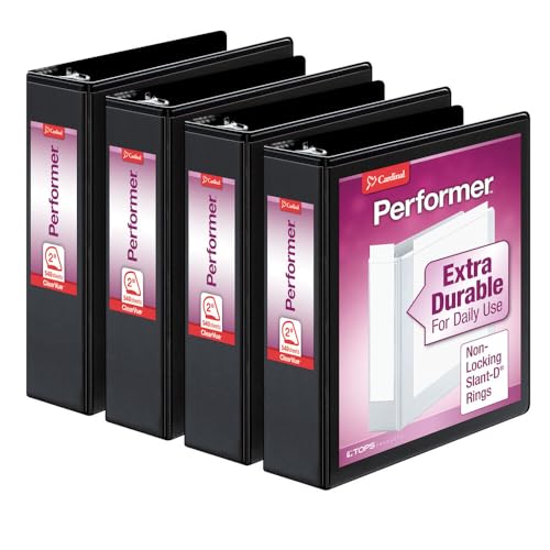 Cardinal Performer 3-Ring Binders, 2", Non-Locking Slant-D Rings, 540-Sheet Capacity, ClearVue Presentation, Non-stick, PVC-Free, Black, 4-Pack (27501) - size: 2-Inch