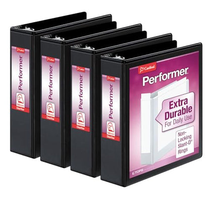 Cardinal Performer 3-Ring Binders, 2", Non-Locking Slant-D Rings, 540-Sheet Capacity, ClearVue Presentation, Non-stick, PVC-Free, Black, 4-Pack (27501) - size: 2-Inch