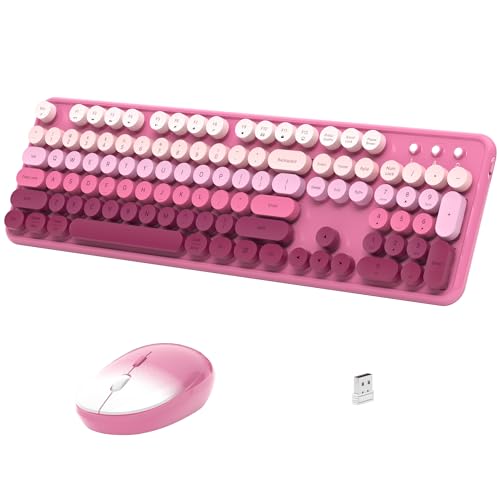 Links9+ Colorful Wireless Keyboard and Mouse Combo (Dark Pink Gradient) | Full-Size Retro Typewriter Keyboard with Round Keycaps, 2.4GHz Wireless Keyboard for Windows, Mac, Laptop, PC, Desktop - color: Dark Pink Gradient