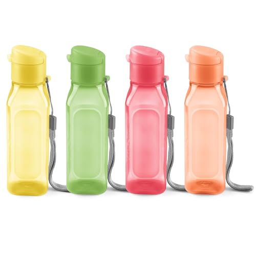 Bulk Water Bottles Set of 4 – 10oz Multicolor Water Bottles for Kids and Adults – Leak Proof Water Bottles with Carry Strap – Square Reusable Water Bottles for Juice, Drinks – BPA-Free Dishwasher-Safe - color: 4 pack bright