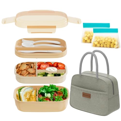JBGOYON Leakproof Bento Box & Insulated Lunch Bag Set, 4-Piece, Khaki | 6-hour thermal retention, includes nested knife fork spoon, 2 reusable snack pouches, designed for adults and kids - color: Khaki