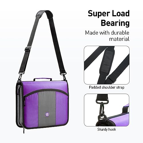 3-Inch 3 Round Rings Zipper Binder, Expanding Files, Handle and Shoulder Strap Included, Purple