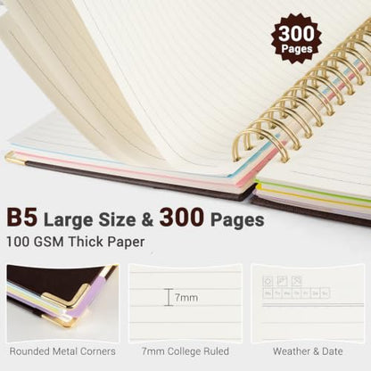 Hardcover Spiral Journal Notebook, 300 Pages 5 Subject Notebook College Ruled with Removable Dividers Tabs, 8" x 10" Notebooks for Work, Spiral Ruled Lined Writing Journal Hardcover Leather Notebook for School (Brown, 8''x 10'') - color: Brown