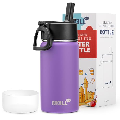 12 oz Water Bottle for Kids-Small Insulated Water Bottle with Straw-Stainless Steel Double Wall Vacuum Sports Water Bottles for School (Purple) - color: Purple, size: 12 Ounces