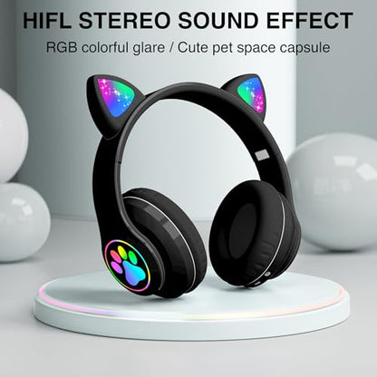 Bluetooth Noise Cancelling Headphones for Kids,Foldable Cat Headphone with LED Light Up Ear,Cat Ear Headphones for Toddler with Microphone/TF Card,Kids Bluetooth Earphones for ipad | Foldable Cat Headphone, LED Light Up Ear, Cat Ear Headphones for Toddler