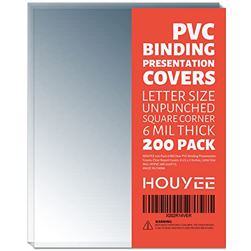 HOUYEE 200 Pack 6 Mil PVC Binding Presentation Covers, Clear Report Cover Sheets for Binding, Square Corner, 8.5 x11 Inches, Letter Size - size: 6mil,200P
