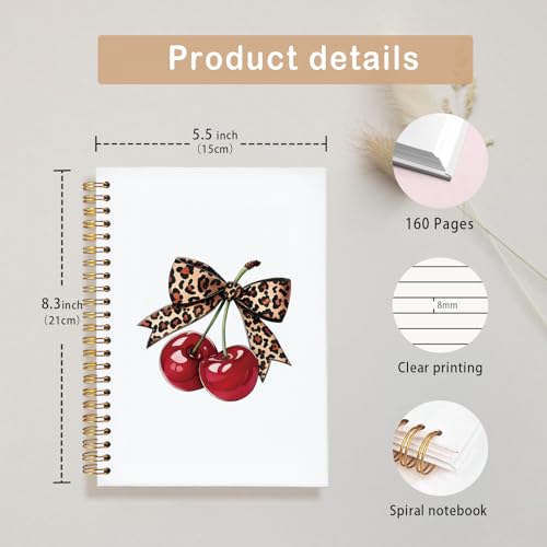 Leopard Bow Cherry Notebook Journal,Trendy School Supplies for Girls | Preppy Spiral Planner for Girls & Women,Cute Notebooks for Women,5.5x8.3 Inch - color: Cherry - Leopard bow