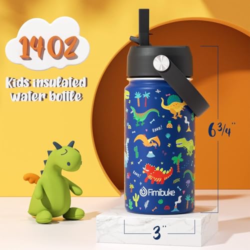 Fimibuke Kids Insulated Water Bottle, 14oz BPA FREE 18/8 Stainless Steel Travel Tumbler Double Wall Vacuum Leak Proof Kids Cup with Straw Metal Bottles for School Boys Girls (1 Pack, Green Dinosaur) - color: A4. Green Dinosaur