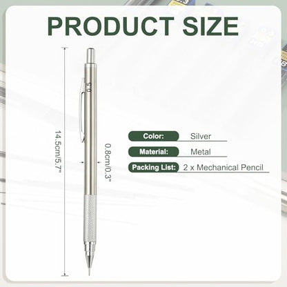 PATIKIL 2Pcs Mechanical Pencil 0.7mm, Lead Pencils Mechanical Holder Medium Point Automatic Metal Holder for Drawing Art Sketching Woodworking, Silver - color: Silver