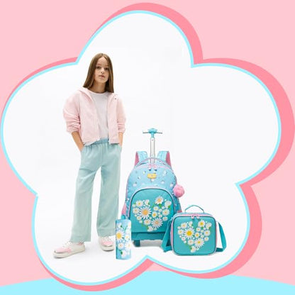 Girls Rolling Backpack Kids Backpacks with Wheels Travel Luggage for Elementary School Bookbag with Wheels Backpacks for Girls with Lunch Bag Set - color: Pink Blue Flower