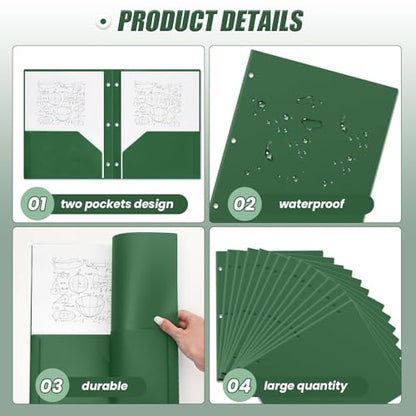 Yeaqee 50 Pcs Plastic Folders with Pockets Bulk 3 Hole Punched 2 Pocket File Folders for 3 Ring Binder Divider Folder for Notebooks, Durable Poly for Office Home (Dark Green) - color: Dark Green