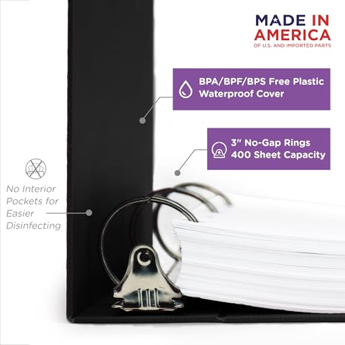 Carstens 3-Inch Heavy Duty 3-Ring Binder - Side Opening, Black, Durable Plastic, Precision No-Gap Rings, Waterproof Cover, No Pockets, Holds 400 US Letter Sheets, BPA-Free, Made in USA (1745-3R) - color: Black, size: Individual