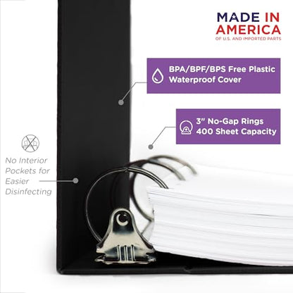 Carstens 3-Inch Heavy Duty 3-Ring Binder - Side Opening, Black, Durable Plastic, Precision No-Gap Rings, Waterproof Cover, No Pockets, Holds 400 US Letter Sheets, BPA-Free, Made in USA (1745-3R) - color: Black, size: Individual