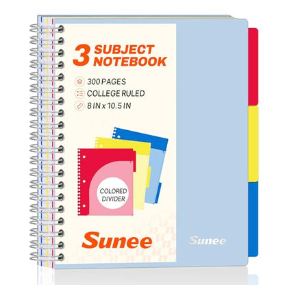 SUNEE Spiral Notebook, 3 Subject, College Ruled Paper, 8" x 10-1/2", 150 Sheets/300 Pages, 3 Pocket Colored Dividers, Water Resistant Cover, Grey Blue - color: Grey Blue