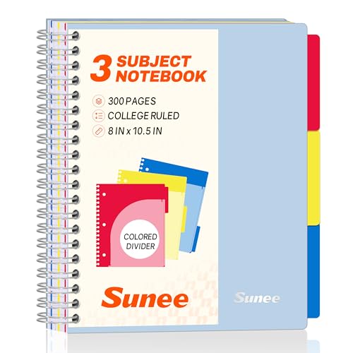 SUNEE Spiral Notebook, 3 Subject, College Ruled Paper, 8" x 10-1/2", 150 Sheets/300 Pages, 3 Pocket Colored Dividers, Water Resistant Cover, Grey Blue - color: Grey Blue