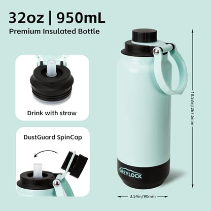 GREYLOCK 32 oz Insulated Water Bottle with Straw Lid, Leakproof Reusable Stainless Steel Vacuum Flask, 24hr Cold & Hot, Carry Handle & Silicone Spout, BPA-Free for Gym, Hiking, Travel,Teal - color: Emerald Lake, size: 32 Ounces
