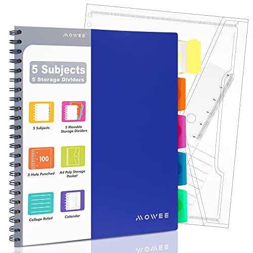 Spiral Notebook - 5 Subject Notebook, College Ruled Notebook 3-Hole Punched With Dividers, Storage Pockets, 11" Ruler, 100 Sheets of 200 Pages, for Writing Journal, Home &Office, School - color: Blue, size: 1 Pack