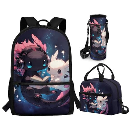 CLOHOMIN Black White Axolotl School Backpack with Lunch Box Kids Girls 7-8 Primary School Bookbag and Lunchbox & Water Bottle Sleeve 3 in 1 Back to School Schoolbag Set for Boys - color: Black White Axolotl
