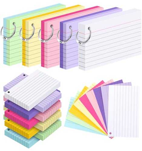 250 Count Colored Index Cards with Key Ring, 3 x 5 Inch Ruled Flash Cards 9 Color, 5 Packs of 50 Sheets Lined Study Note Cards for School&Office Supplies, Heavy Flashcards with Waterproof Cover - color: 9 Multicolor-Ruled