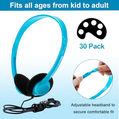 Yunsailing 30 Pack Bulk Headphones Set Over Ear Headphones with Adjustable Headband 3.5mm Plug Headsets Earphones for Learning Program, Computer Lab, Library, Testing & Multimedia Use (Lake Blue) - color: Lake Blue