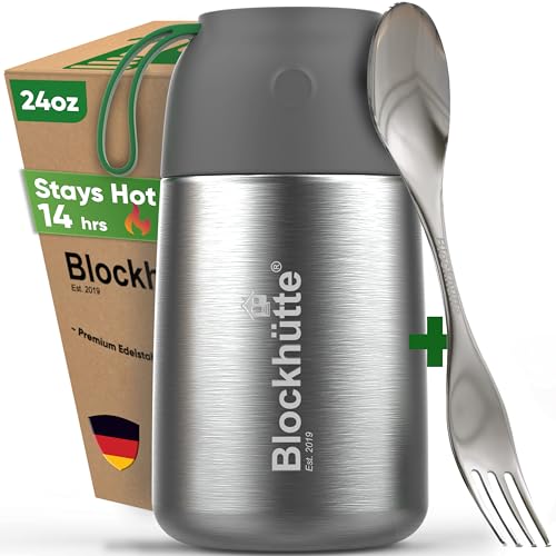 Blockhütte Food Thermos for Adults - 24 oz | Wide Mouth Thermos for Soup with Spork & Brush | Stainless Steel Thermal Lunch Box 14h Hot | Insulated Lunch Containers for Travel, Work, School - color: Silver, size: 24 Ounces