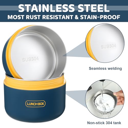 Dandat 4 Pcs Insulated Lunch Container, Portable Bento Box, Stainless Steel Lunch Box, Round Stackable Leakproof Thermal Food Container for Adult Men Women with Insulated Bag, 74 oz(Royal Blue) - color: Royal Blue