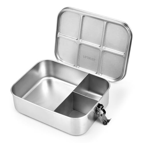 UPTRUST Stainless Steel Bento Lunch Box, 3-Compartment Large 1400ML Metal Bento Box for Kids or Adults, Container with Lockable Clips to Leak Proof - size: 47oz 3-Compartment
